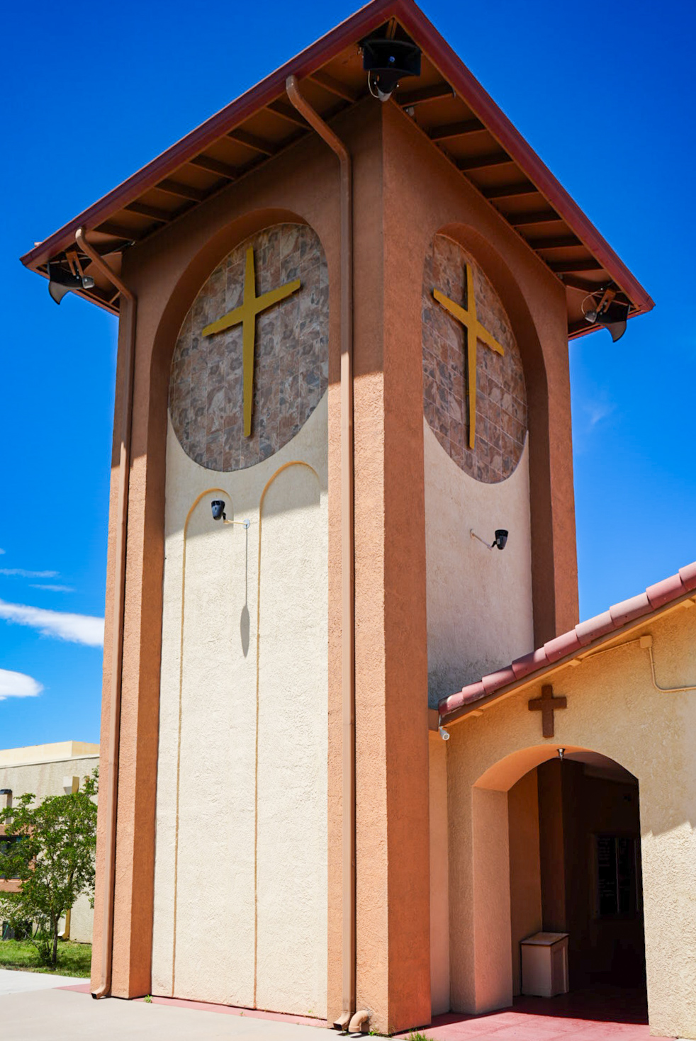 Bell tower with gold crosses at Immanuel Lutheran Church in Cochise County, Arizona